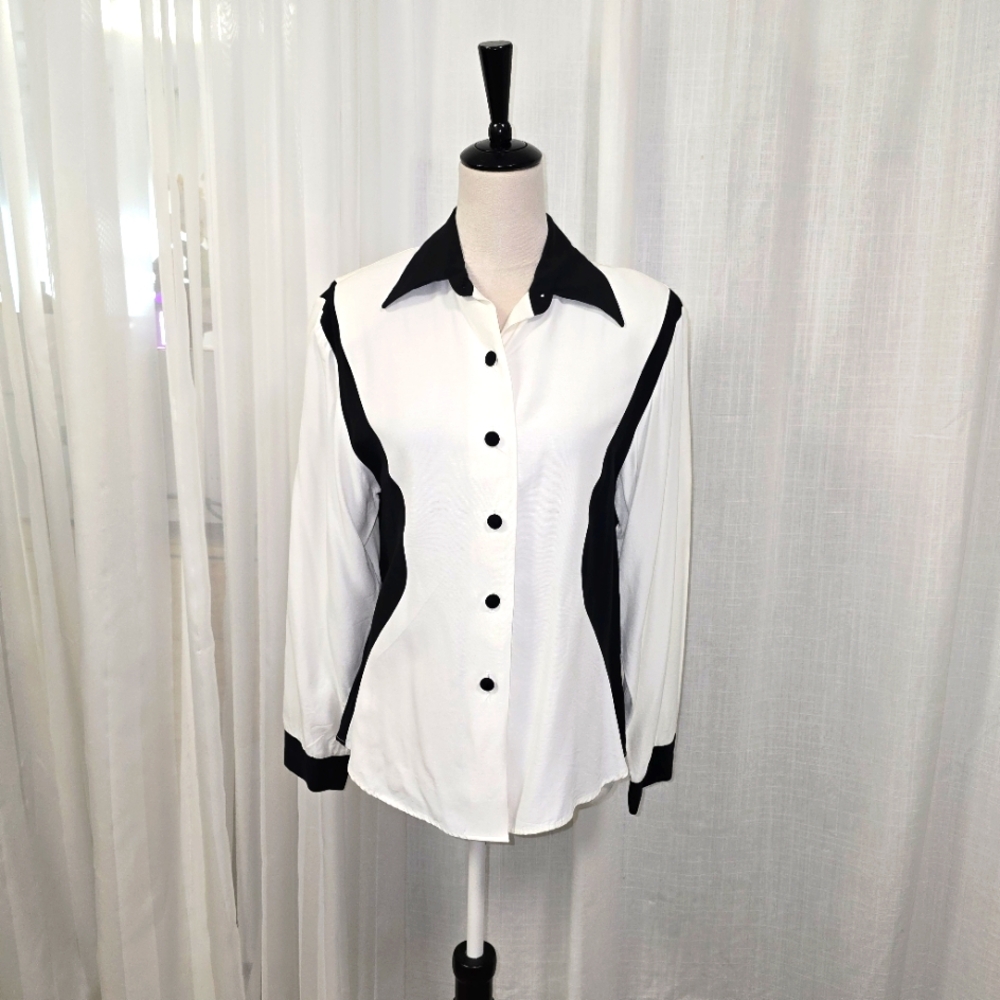 Vintage Roppolia Black‎ & White Womens Button Down Shirt Sz M Made in USA Rare